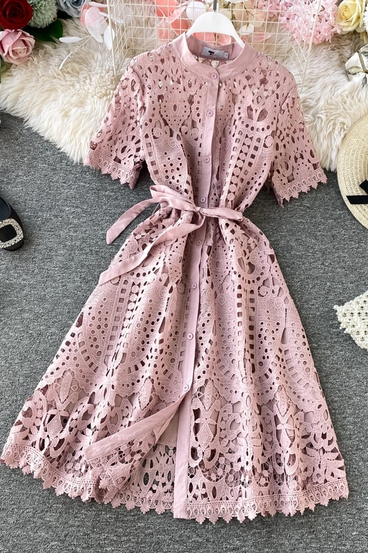 Korean Autumn New Hollow Out Style Celebrity Fashion Standing Neck Lace Dress Short Sleeve Single Breasted Waist Long Dress