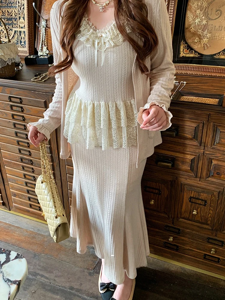 

Fatfaaby plus Size Design Lace Splicing Vest Women Summer Knitted Fi Tail Skirt Light Maturi Sle Set Cotton Long S...