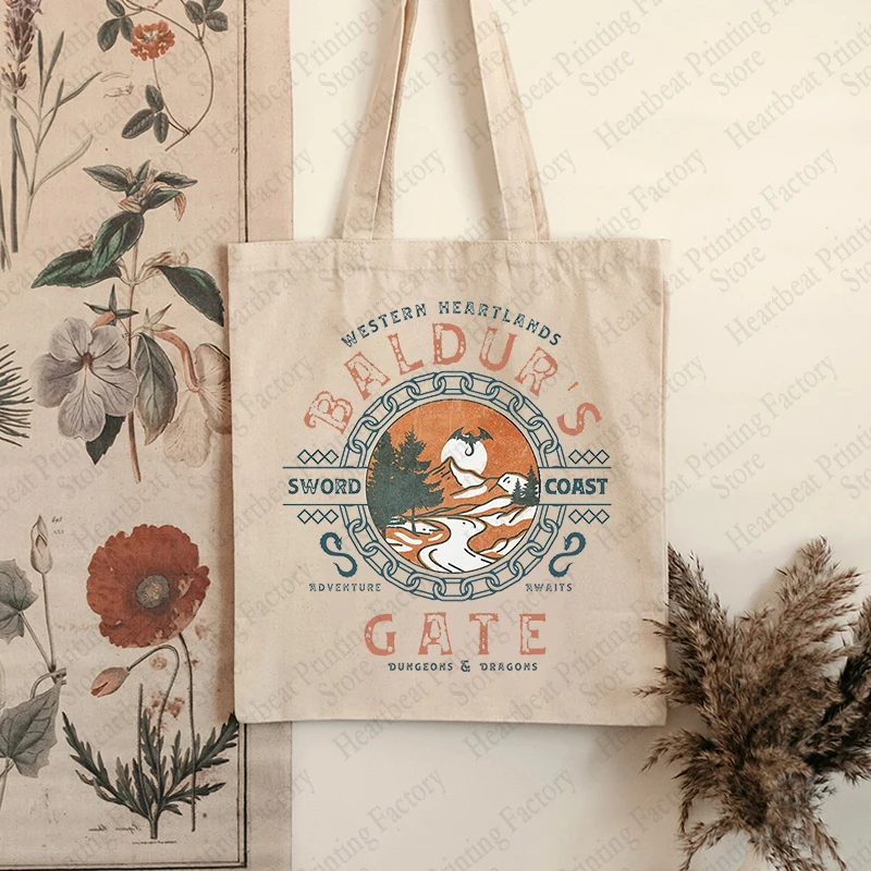 Baldurs Gate 3 Adventure Awaits Pattern Tote Bag Canvas Shoulder Bags Commute Reusable Shopping Bag Best Gift for Game Lover