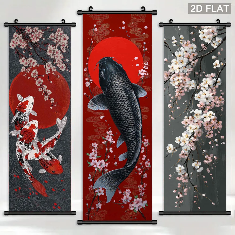 VIKAMA Koi Sakura Scroll Tapestry, Auspicious Carp Red Sun Plum Flower Poster, Wall Art for Living Room Decor