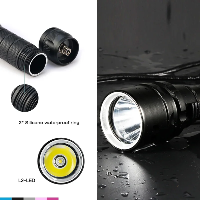 IPX8 Waterproof Scuba Diving Light 200 Meter L2 Underwater LED Flashlight Diving Lanterna Torch Lamp by 18650 With Hand Rope