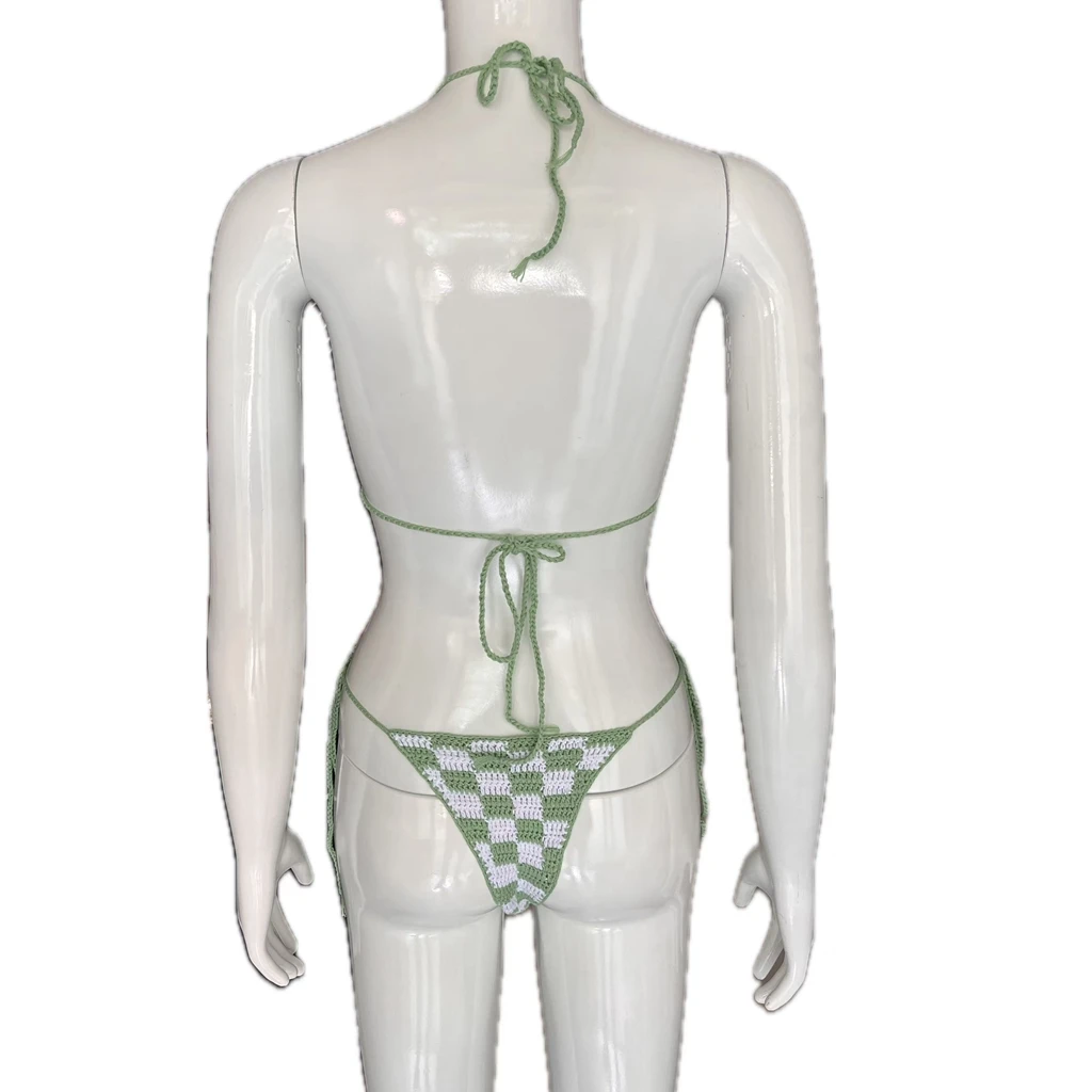 Green Powerpuff  Handmade Crochet Bikini Set Sexy String Beachwear Brazil Bathing Suit High Quality Swimwear For Vacation Wear