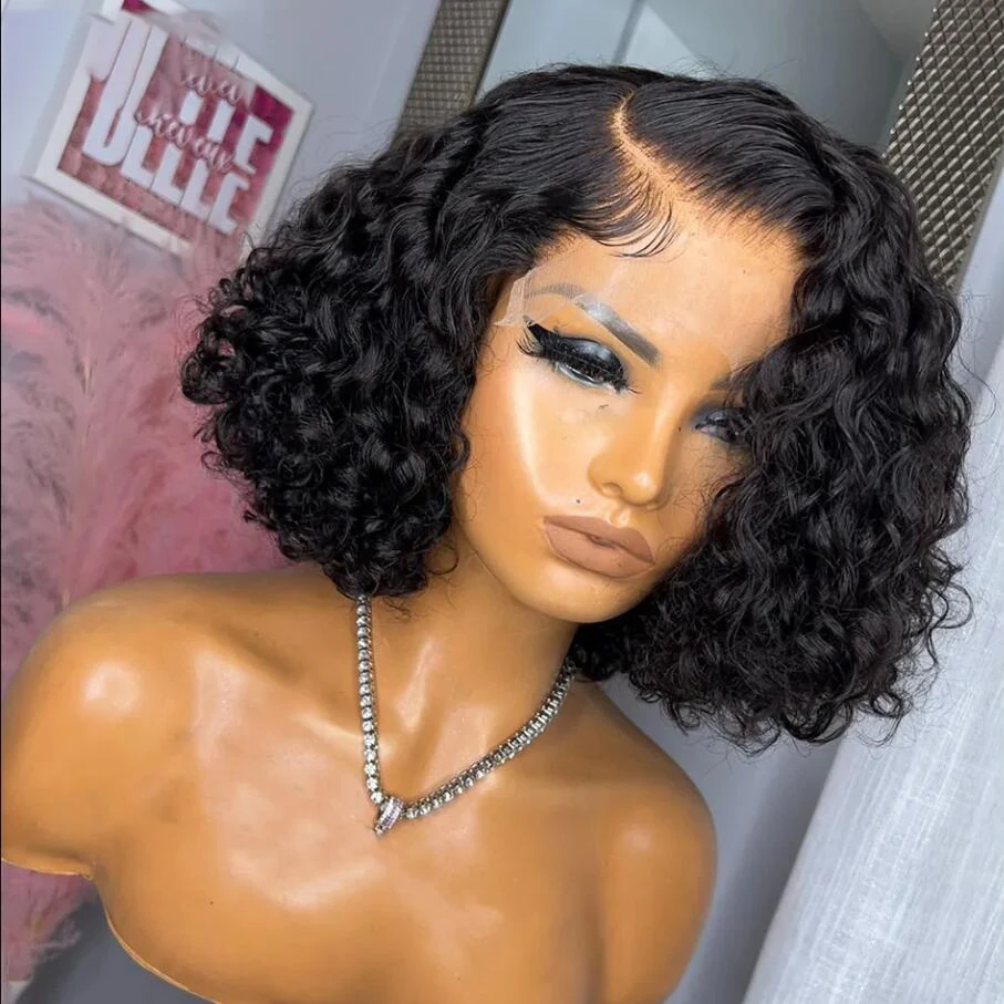 

Soft Glueless Black 14inch Short Bob Kinky Curly Preplucked Baby Hair Lace Front Wig For Women 180density Natural Hairline Daily