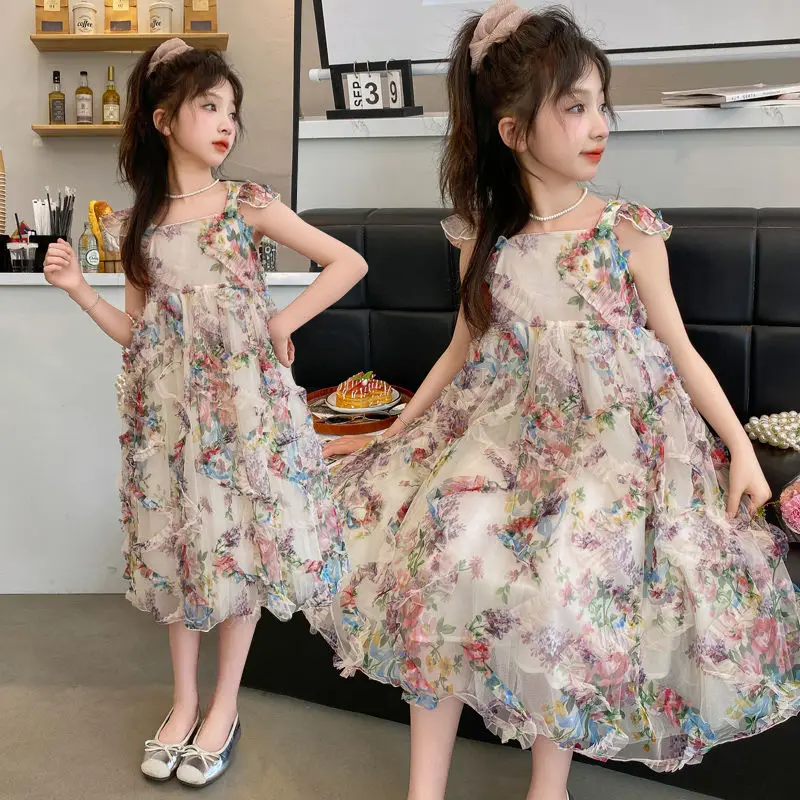 Girls Summer Dress 2024 New Fashionable Floral Lace Pleated Princess Dress for Older Childrens Birthday Party Dress