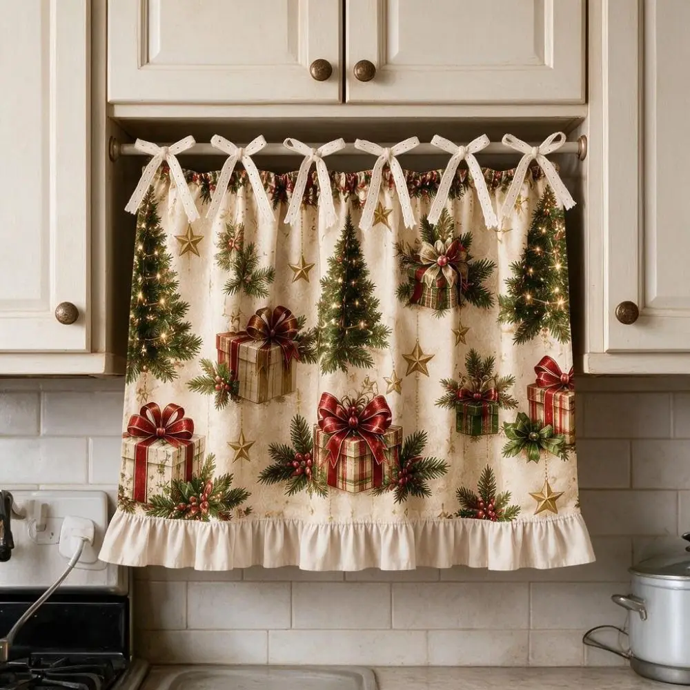 Xmas Tree Snowflake Printed Christmas Oven Short Curtain Decorative American Countryside Style Kitchen Stove Short Curtain