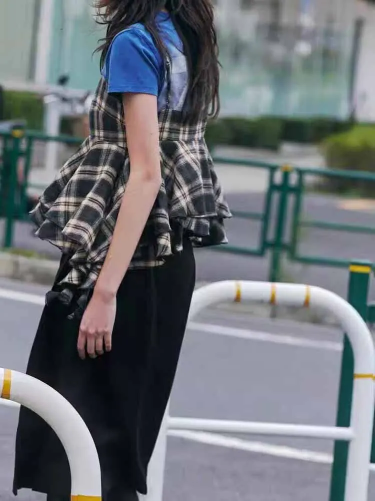 Estilo europeu e americano inverno recém chegados moda feminina suspender decote reto em camadas top xadrez decorativo