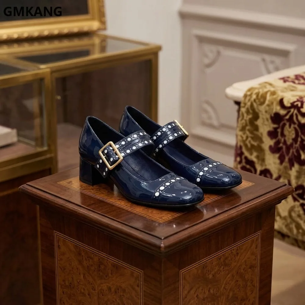 

Classic Patent Leather Mary Jane Heels – Lace-Up Embroidered Dress Shoes for Women, Comfortable Chunky Heel, Versatile for