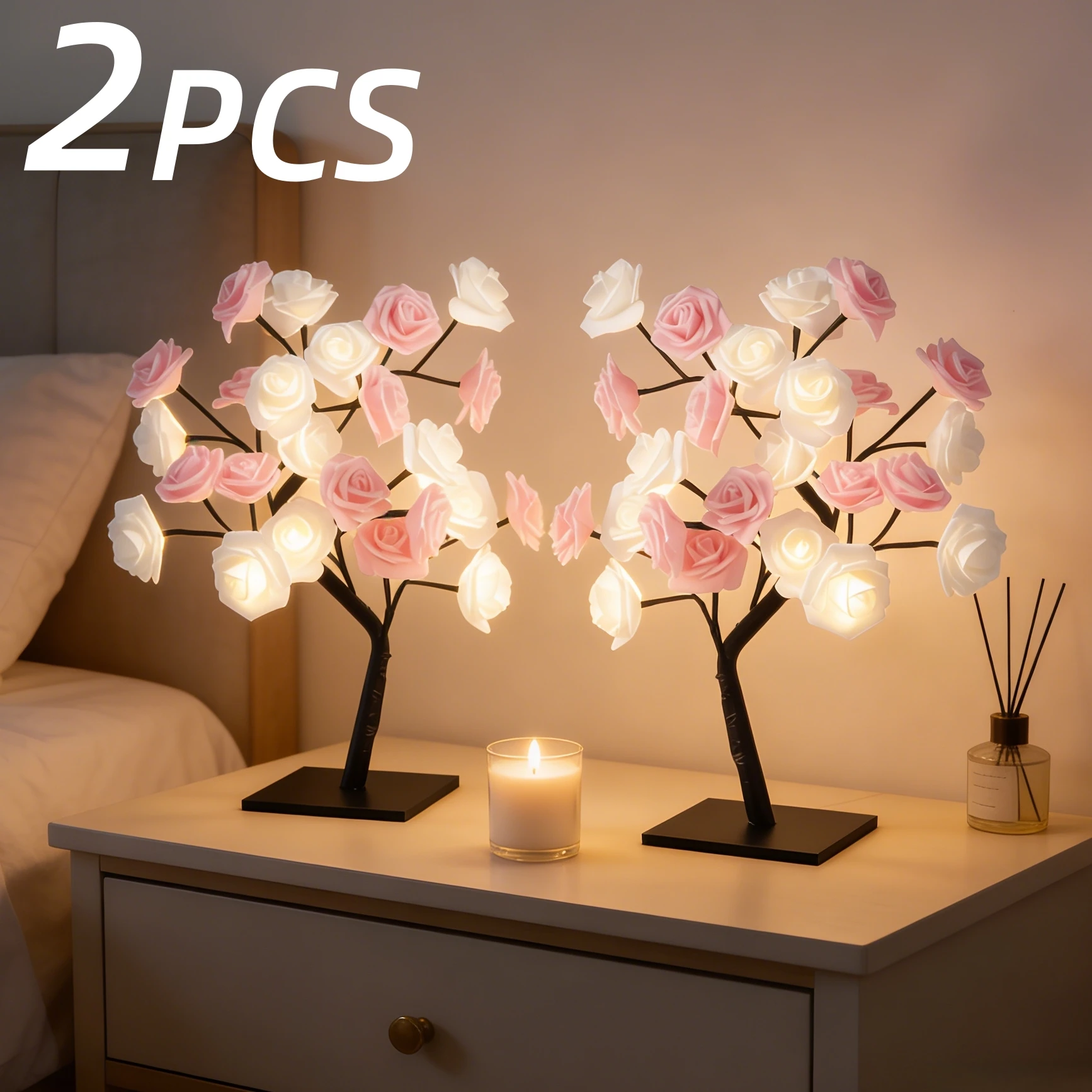 

2PCS Luxury Pink & White Rose Tree Lamp, Soft LED Glow, USB Powered, Elegant Bedroom Decor & Premium Gift for Her