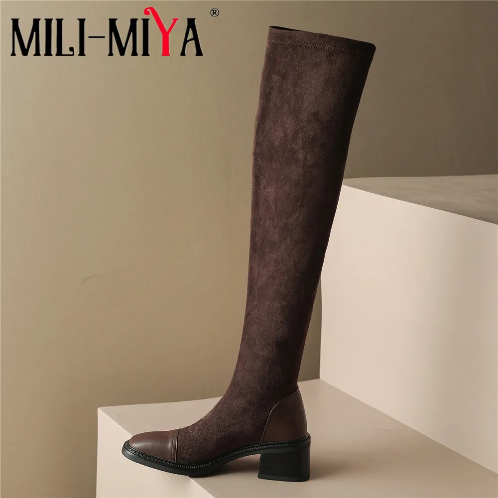 

MILI-MIYA New Arrival Concise Women Flock Over The Knee Boots Solid Color Round Toe Thick Heels Slip On Plus Size 34-43 Handmade