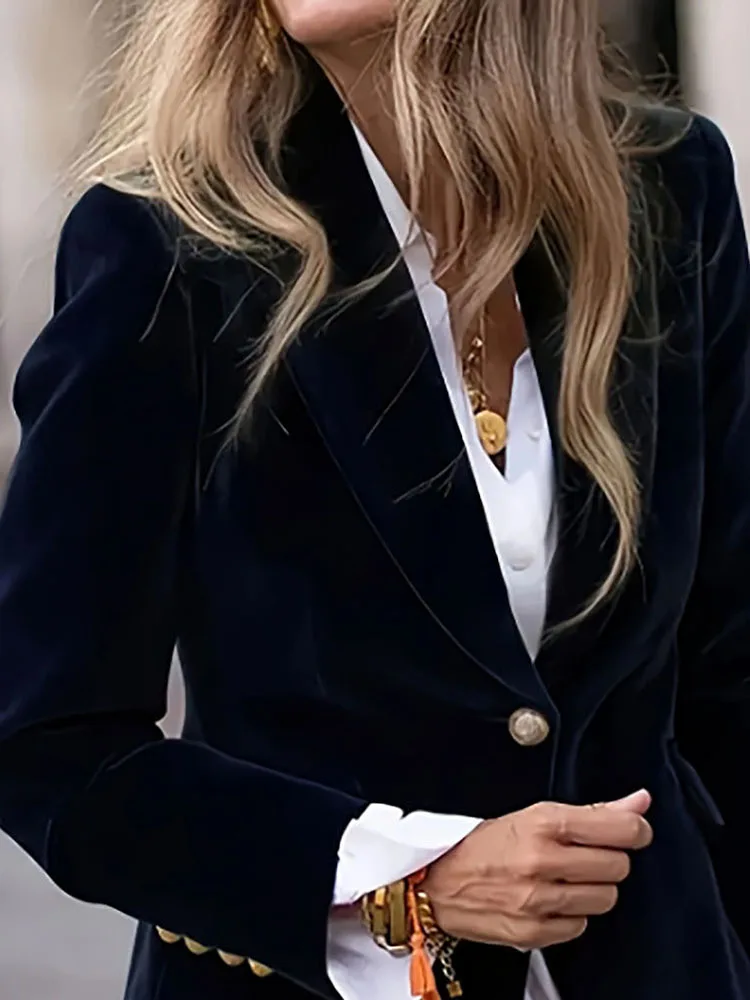 

2025 Autumn Gold Velvet Blazer Coat Female Casual Lapel Long Sleeved Office Jacket Vintage Solid Color Single Button Outerwear