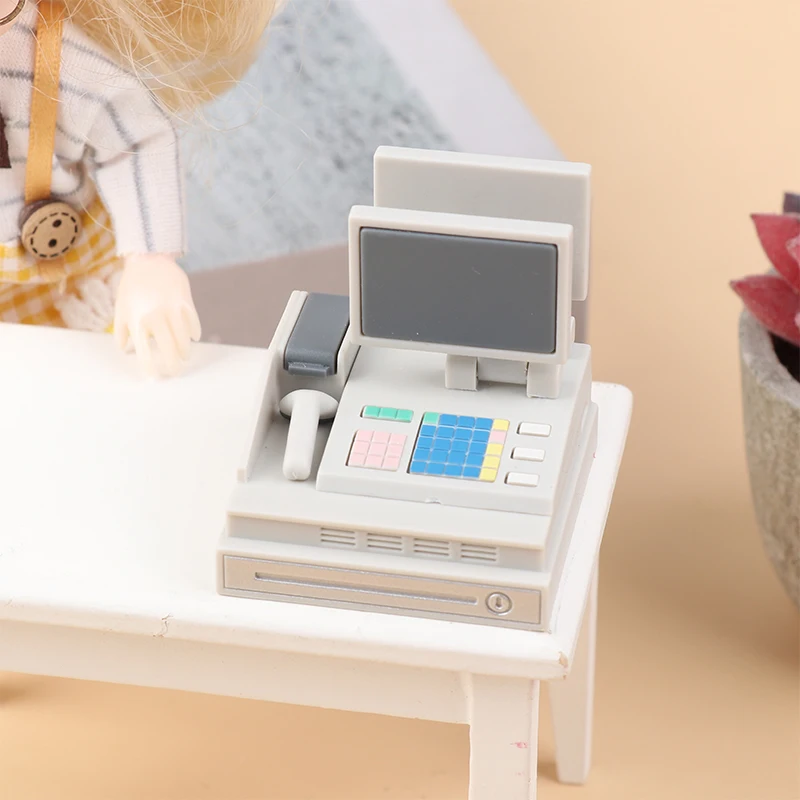 1 Juego de decoración de escena de casa de muñecas, máquina de tarjetas de tienda de supermercado, modelo de escáner de juguete