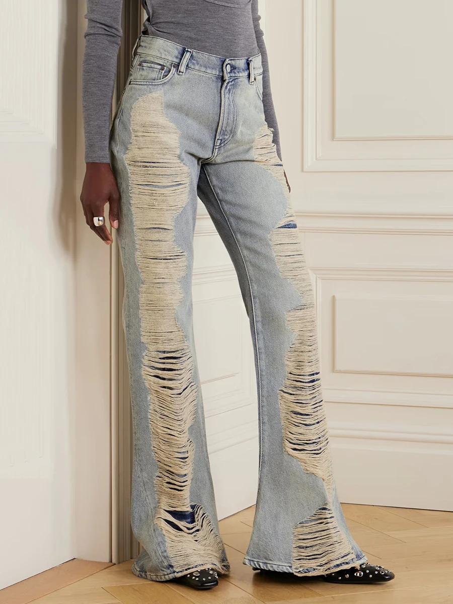 REDDACHiC anni 2000 Jeans svasati con fori in difficoltà Lavaggio vintage rilassato Pantaloni in denim strappati a vita alta Pantaloni lunghi Donna Streetwear