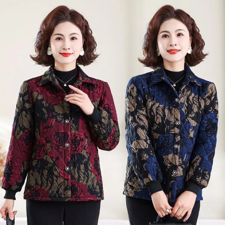 

Осенняя новинка: хлопковая куртка с отложным воротником и крупным цветочным принтом, утепленная, для женщин среднего и старшего возраста