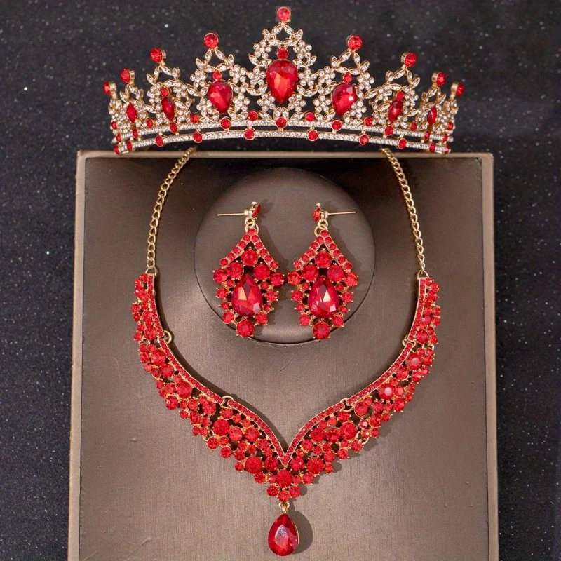 اللون الأحمر كريستال مجوهرات الزفاف مجموعات حجر الراين التيجان تاج قلادة طقم من الحلقان للنساء العروس مجوهرات الزفاف مجموعة التاج
