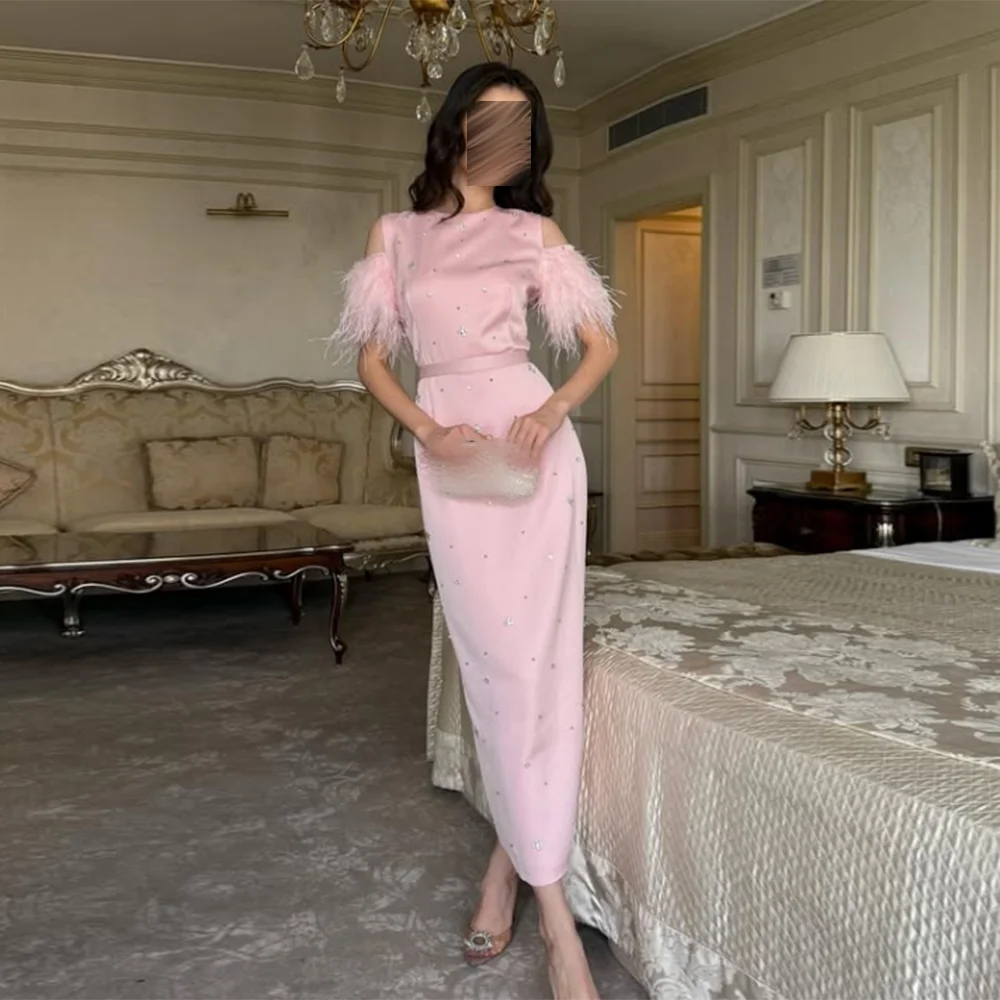 

Customized O-neck Evening Dresses Off The Shoulder rhinestone Beading Feathers Straight Prom Gown Long birthday party Dress