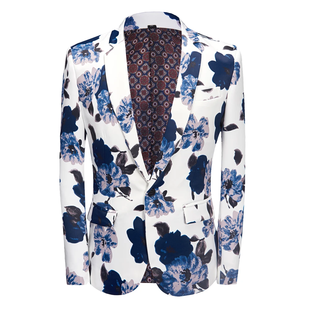 2022 Mens White Blazers Slim Fit Suits for Men Business Formal Coat Mens Blue Flowers Wedding Suit Jackets Male Fashion Coat