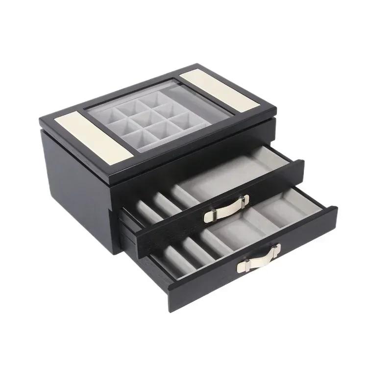 High jewelry black lacquer jewelry box household multi-layer drawer anti-oxidation wood earrings earrings jewelry storage box