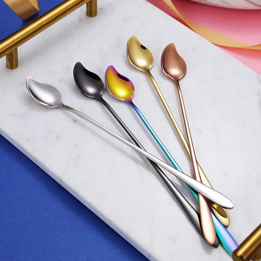 

5pcs Stainless Steel Long Handle Mixing Spoons Dessert Coffee Stirrers for Home Kitchen Bar Bakery Household Tableware