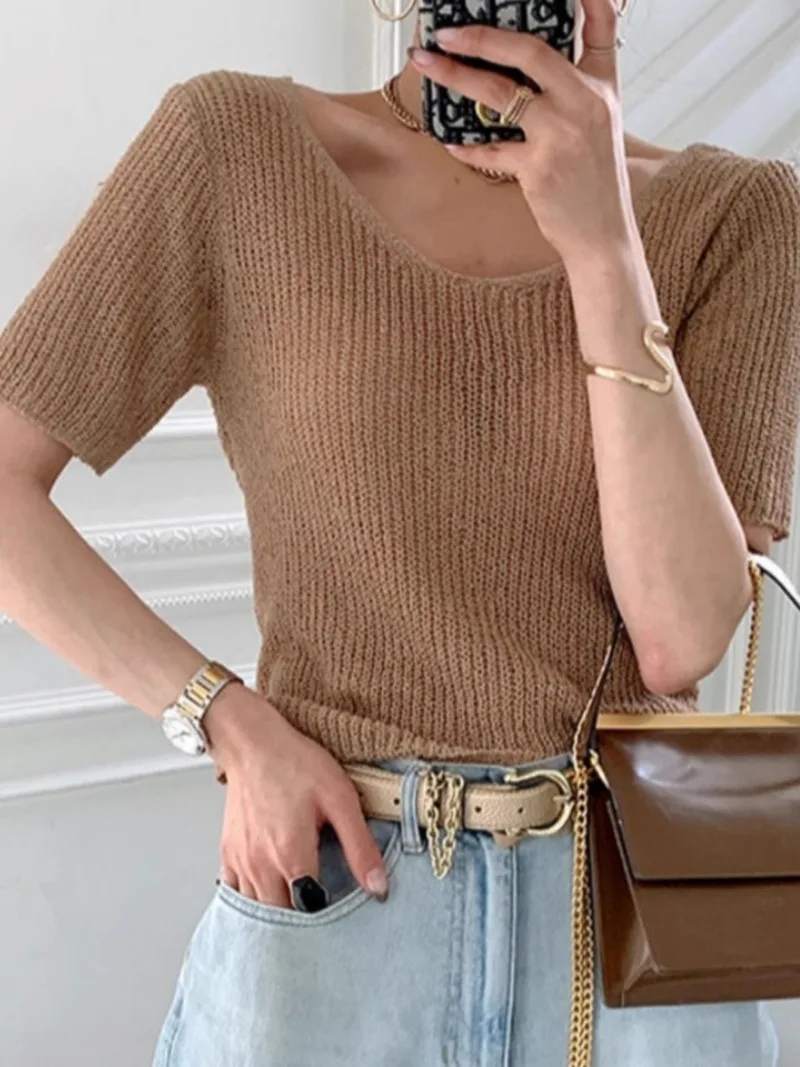 V-neck Loose Thin Ice Silk Short Sleeved Sweater Jumper Sueter Mujer Korean Tops 2024 Shirts for Women Pullover Jersey