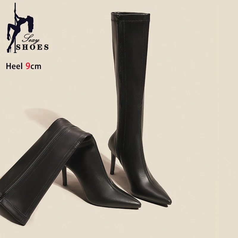 

Spring Autumn Women Pointy Toe Boots 9CM Thin High Heels Elegant Ladies Party Shoes Side Zipper Elastic Leather Knee-high Boots