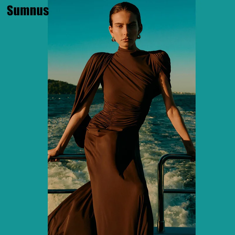 

Sumnus Elegant Brown Mermaid Evening Dress High Neck Pleats Floor Length Prom Dresses 2025 فساتين سهرة Customized