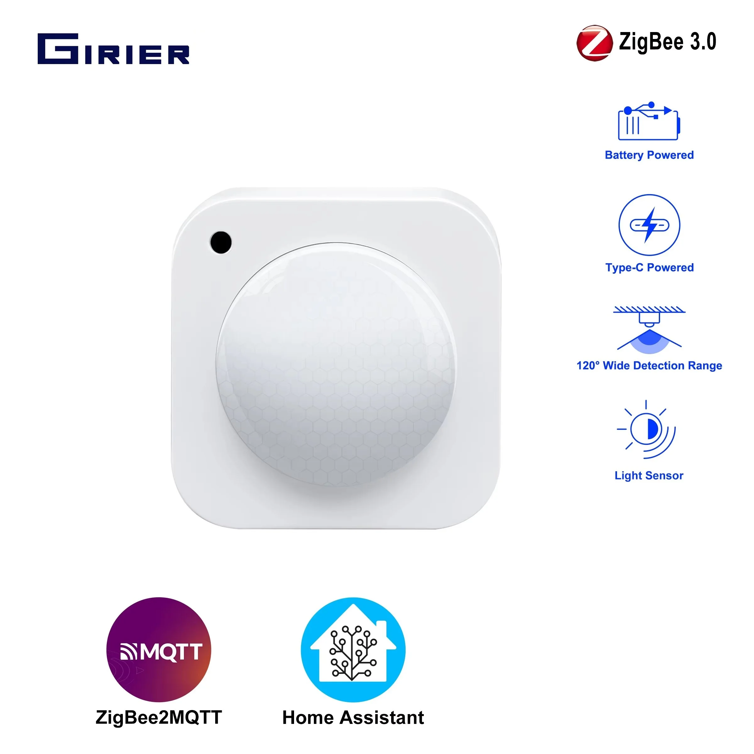 GIRIER ZigBee PIR Motion Sensor Smart Movement Detector 2-in-1 Light Sensor Supports Home Assistant for Automatic Home Security