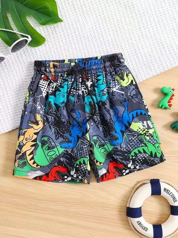 2024new Sommer neue Kinder Shorts Dinosaurier Muster 3d gedruckt Jungen Board Shorts Männer Kinder Erwachsene Strand Shorts schwimmen Jogging hose Stoff