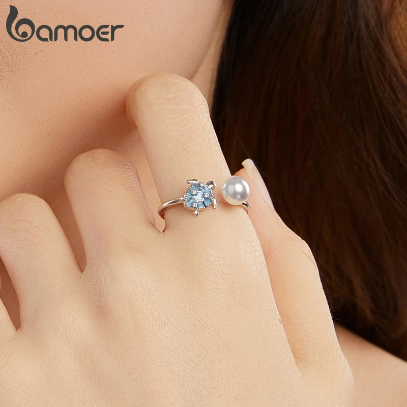 BAMOER Solid 925 Sterling Silver Turtle Pearl Ring Stacking Finger Ring, Cute Animals Adjustable Open Rings Birthday Gift