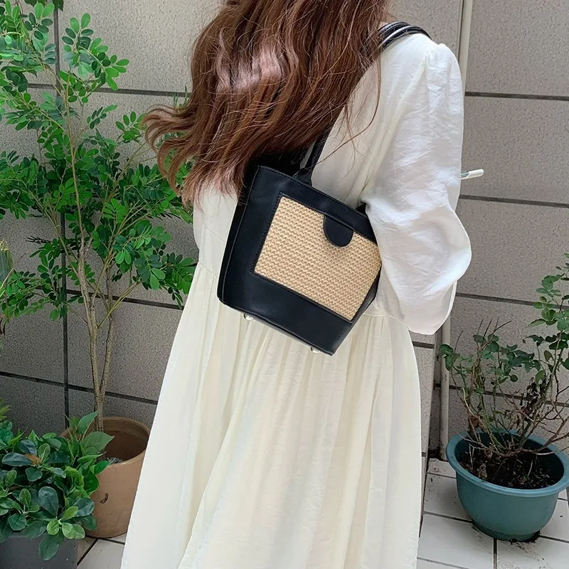 

Korean Small Design Straw Bucket Bag Retro Underarm Shoulder Bag New Style Hand-carried Crossbody