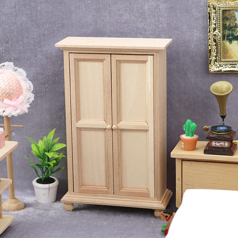 1:12 Miniatuur Meubilair Slaapkamer Micro Scène Poppenhuis Retro Rechtop Kast Dubbele deur Garderobe Poppenhuis Accessoires Speelgoed