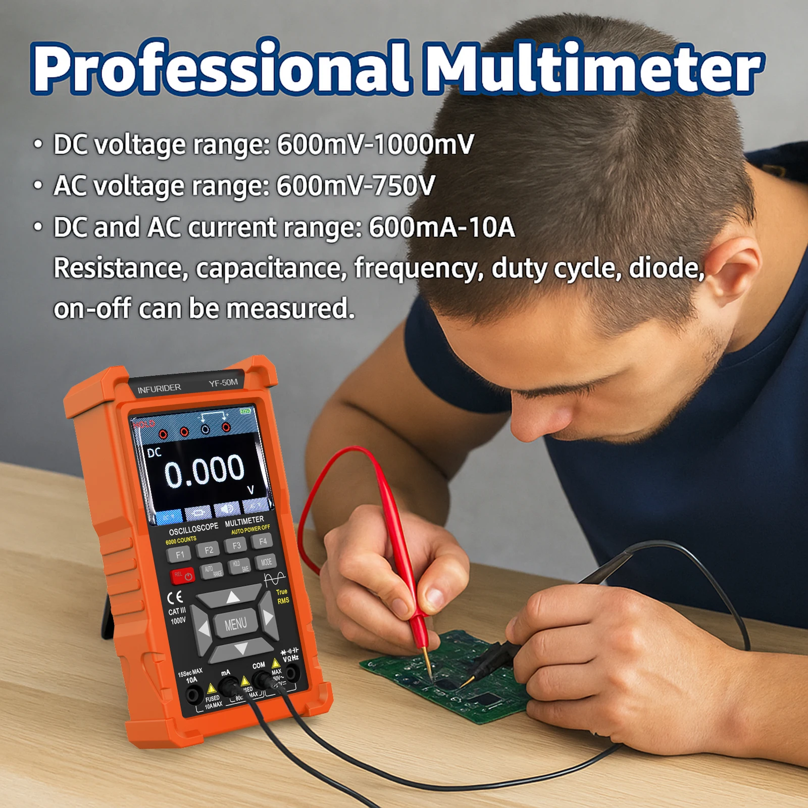 3 in 1 Oscilloscope Multimeter, Handheld Signal Generator, 50MHz Lab Oscilloscopes with 2 Channel, 200M/280MSa/s, Voltage Tester