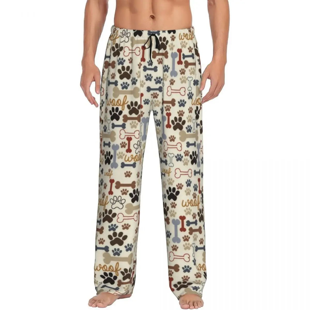 Custom Print Men's Dog Bones And Paw Prints Pattern Pajama Pants Sleep Sleepwear Bottoms with Pockets