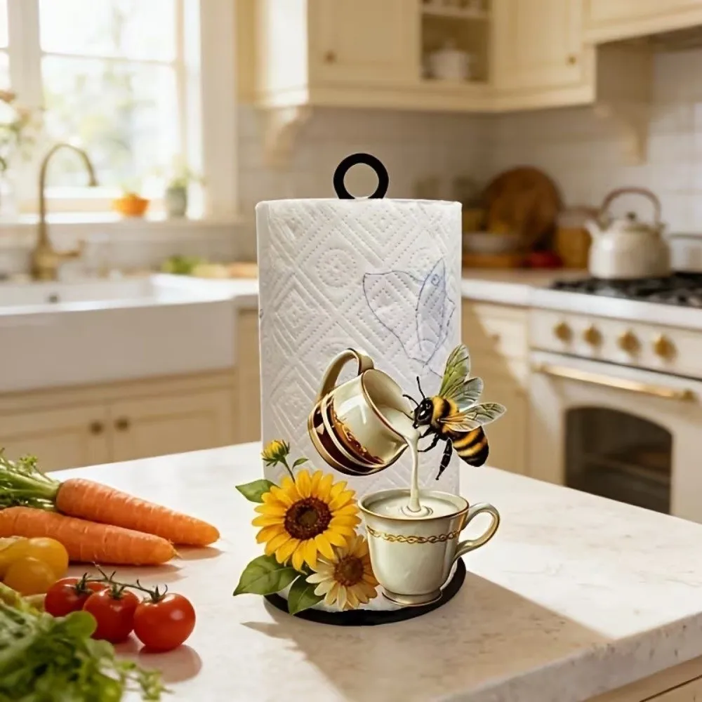 2D Flat Acrylic Roll Paper Towel Holder Sunflower Floral Wooden Base Paper Towel Stand Freestanding Decorative