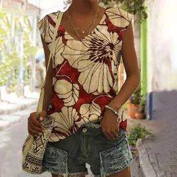 Damska kamizelka z dekoltem w szpic 2024 Summer Retro Flower Art Print Codzienna moda Rozrywka Popularna damska elegancka wygodna kamizelka z dekoltem w szpic