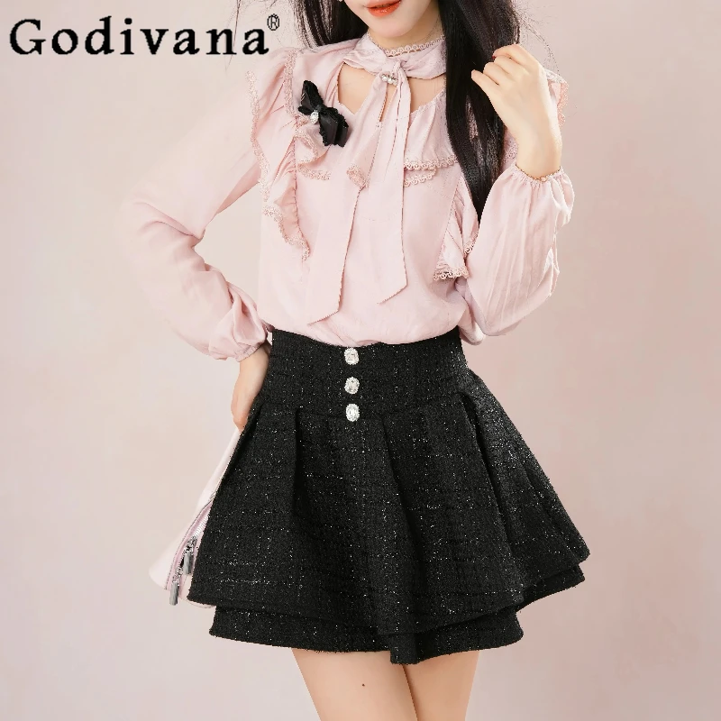 واضح الحلو الوردي لوليتا ملابس النساء تكدرت بلوزة شيفون أعلى الأسود تنورة عالية الخصر مجموعة الإناث الدعاوى النمط الياباني #4