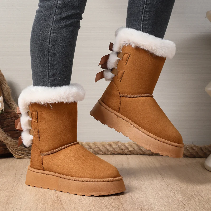 

Women's Large Size Thick-Soled Bowknot Snow Boots 2025 Autumn and Winter New Korean Style plaid and Warm Fashion Boots