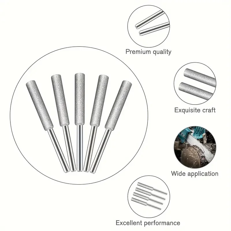 10pcs Diamond Coated Cylindrical Burr 4mm Chainsaw Sharpener Stone File Chain Sharpening Carving Grinding Tools Kits