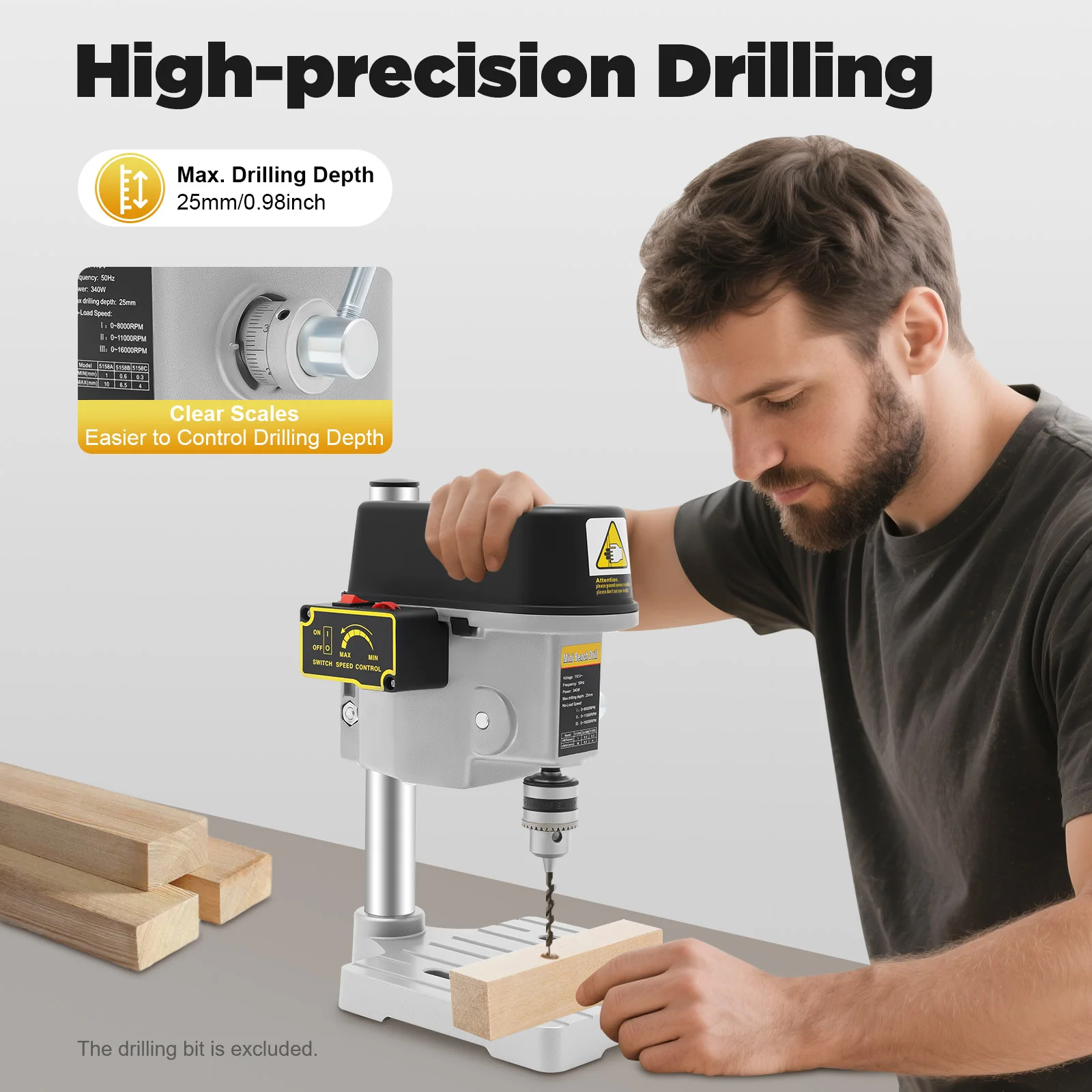 Mini trapano da banco da 340 W, 0-16000 giri/min a 3 velocità, misuratore di profondità di precisione per la creazione di modellini artigianali fai-da-te in legno e metallo