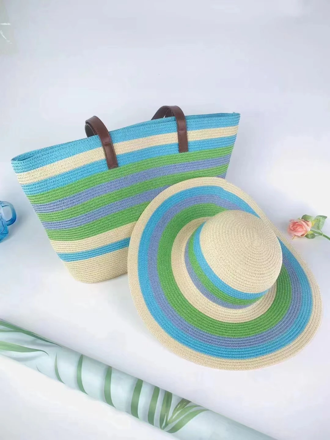 Sombrero de paja de ala ancha a rayas para mujer, conjunto de sombrero tejido a mano, bolsa de cubo, playa, vacaciones, protección solar, nuevo color