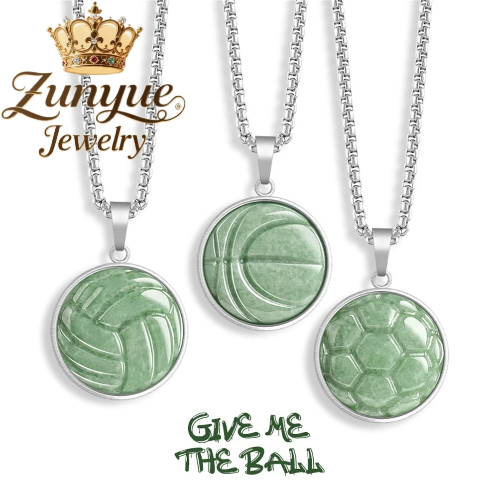 

Natural A-Grade Jade Basketball Football Volleyball Pendant Steel Titanium Necklace Ice-Type Jadeite Gift Personalized Pendant