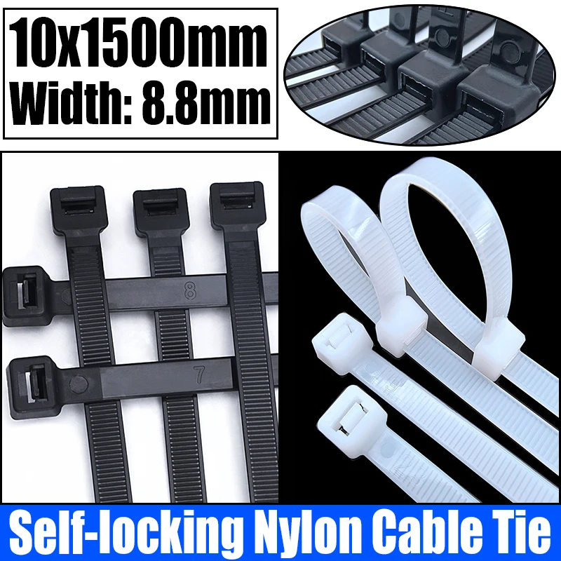 50PCS White/Black Self-locking Plastic Nylon Cable Tie Zip Wrap Strap Nylon Cable Tie Cable/Wire Fastening Ring 10x1500mm