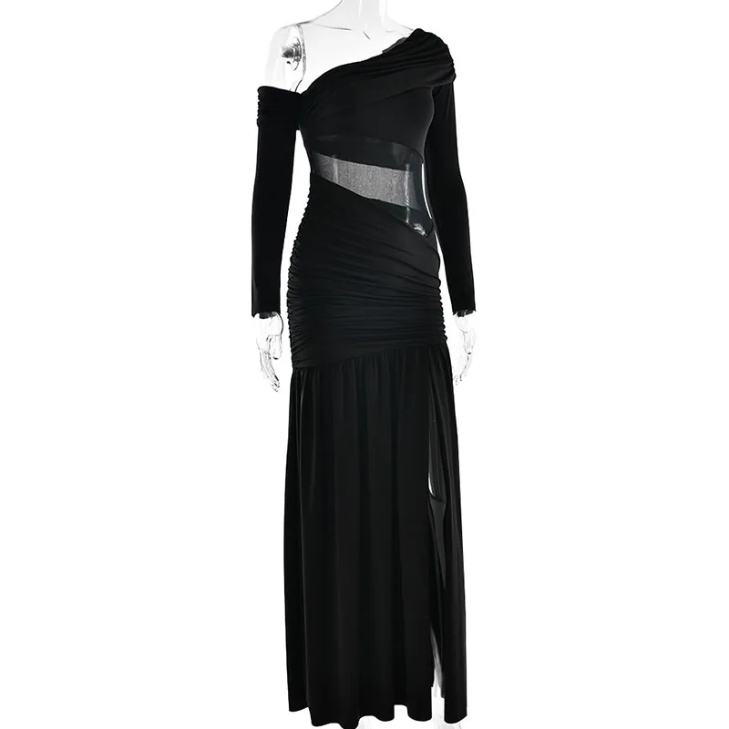 ZHIO Neues Kleid mit schrägem Kragen und langen Ärmeln, sexy schulterfreies Maxikleid mit seitlichem Schlitz, elegantes rückenfreies enges langes Clubkleid für Damen – Detail 12