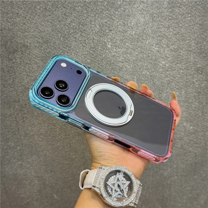 Magnetic Rotating Pivot Bracket For Magsafe Case For iPhone 17 18Pro 16 17Pro Max Gradient Color Clear Protective Stand Cover
