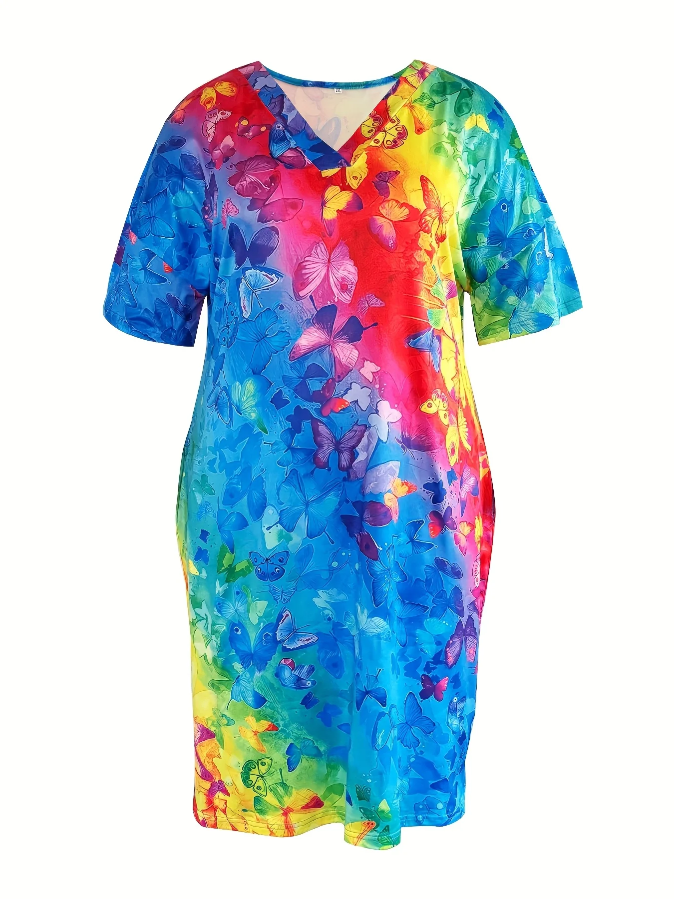 New 2025 Plus Size Casual Dress in Black Style Women'S Spring Summer Colorful Butterfly Gradient Printed T-Shirt Dress Pockets