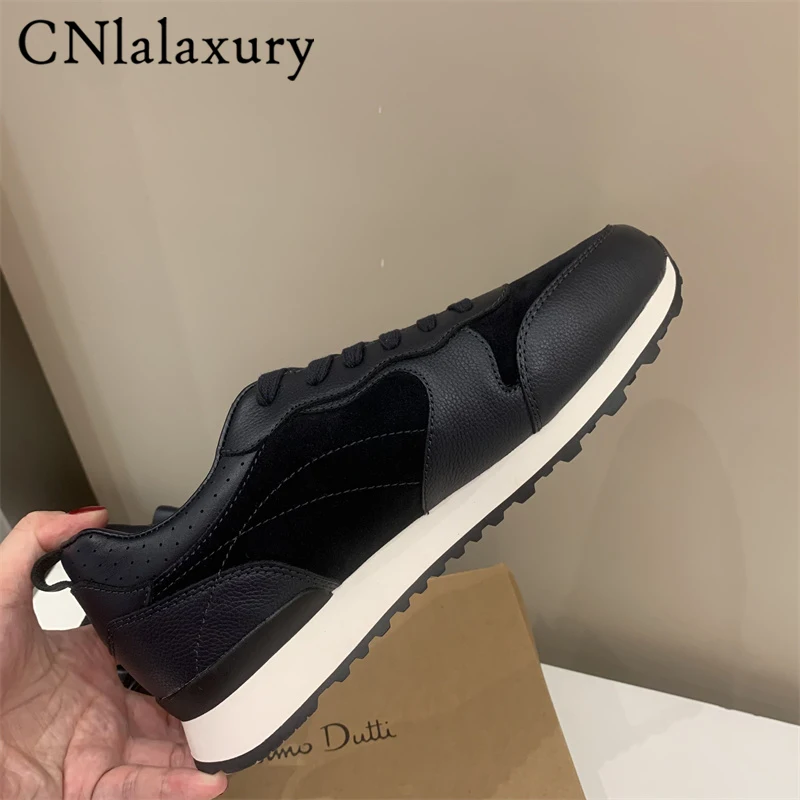 Cowhide Splicing Lace-up Sneakers Men Brand Designer Chunky Platform Casual Shoes Men 2023 Autumn Black Sports Shoes Men