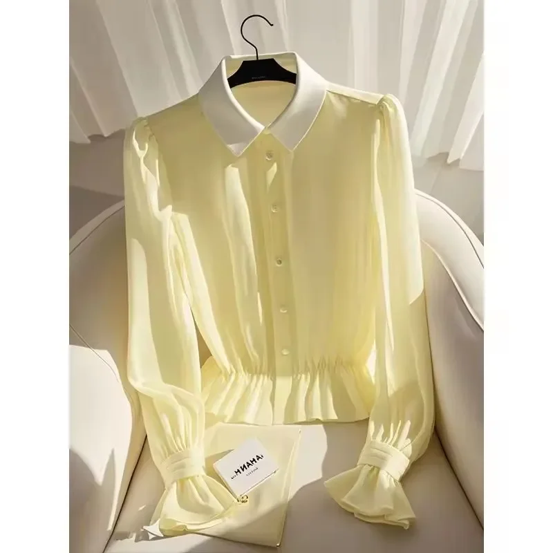 

Женская весенне-летняя женская простая универсальная трендовая шифоновая модная офисная женская однотонная блузка плиссированные рубашки с длинными рукавами