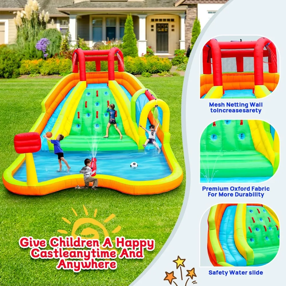 Inflatable Water Double Slides Park, Bounce House with Arched Water Gun Spray, Jumping Castle with Air Blower