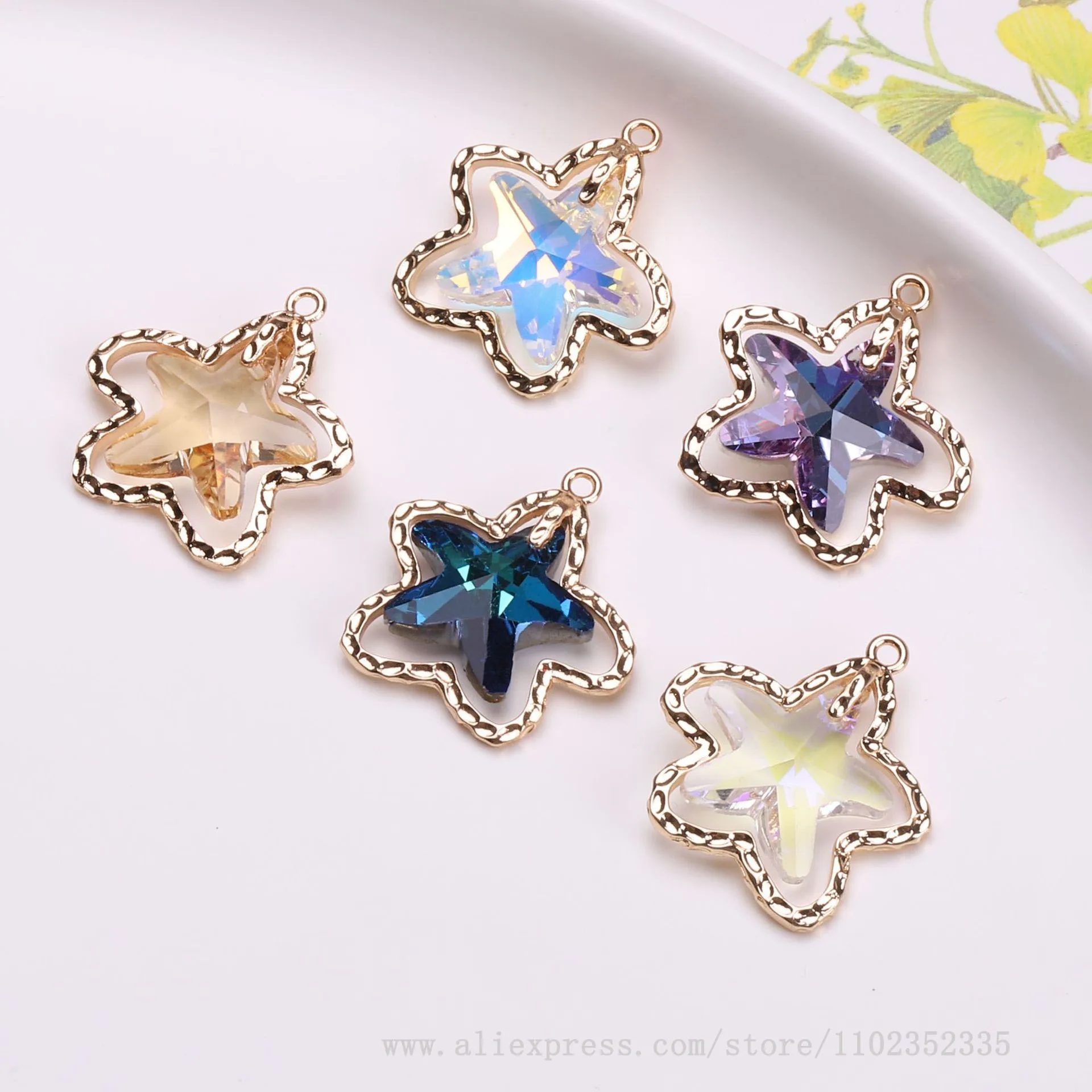 10pcs/ Bag  Copper plated KC gold simple seven color crystal starfish pendant DIY necklace earrings accessories