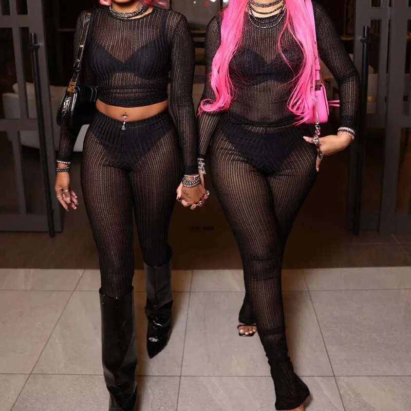 

Sexy Knitted Ribbed See Through 2 Piece Set for Women Clothing Night Club Outfit Long Sleeve O-neck Top and Pants Matching Sets
