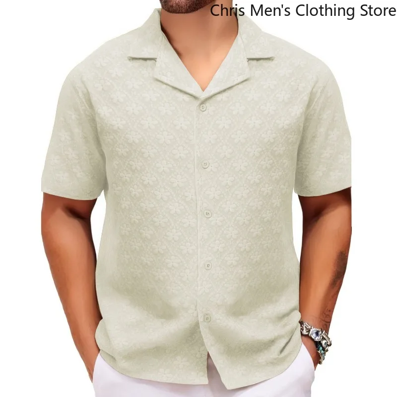 

Jacquard Fabric Cuban Collar Short-sleeved Shirts【 Luxury Men's Wear 】 High-quality Business Casual Shirts for Men in Summer